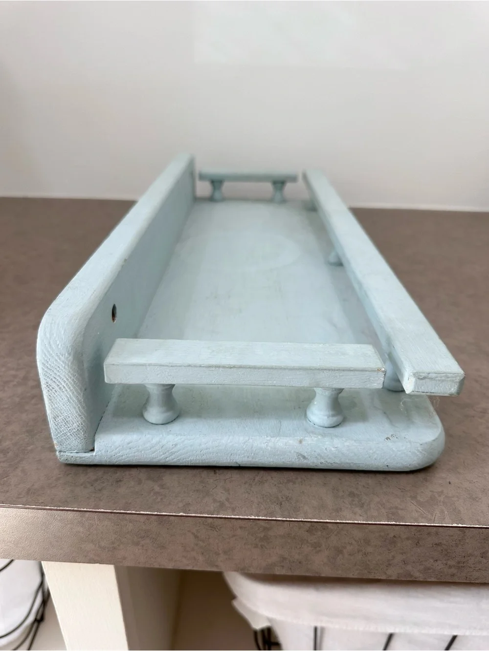 Vintage-Inspired Light Blue Painted Wood Wall Shelf Spindle Gallery Rail 20 x 8”